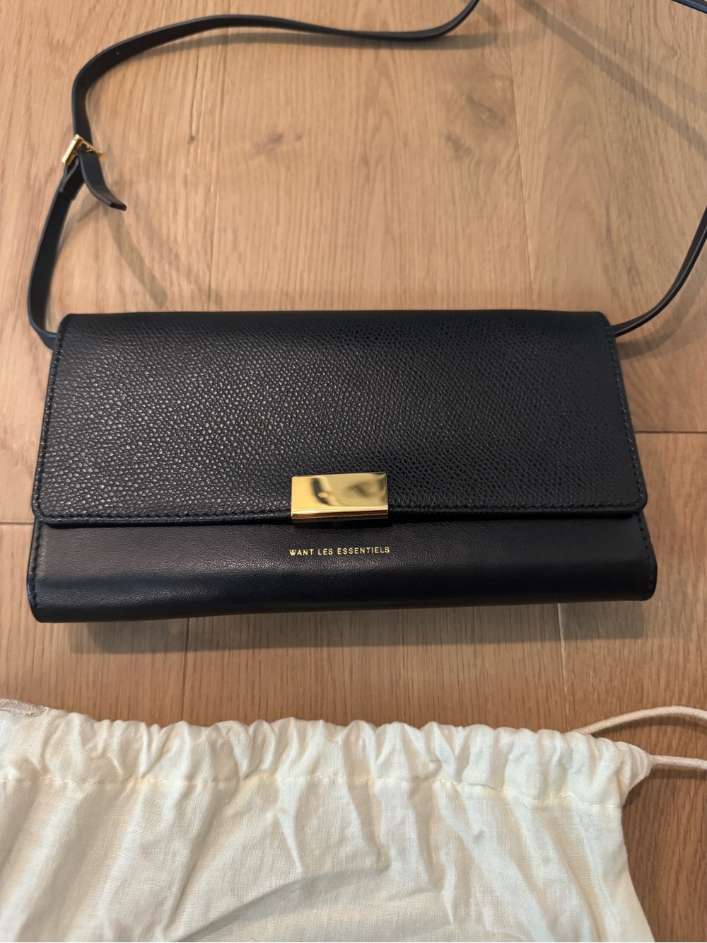 WANT Les Essentiels Black Leather Crossbody with Gold Accent